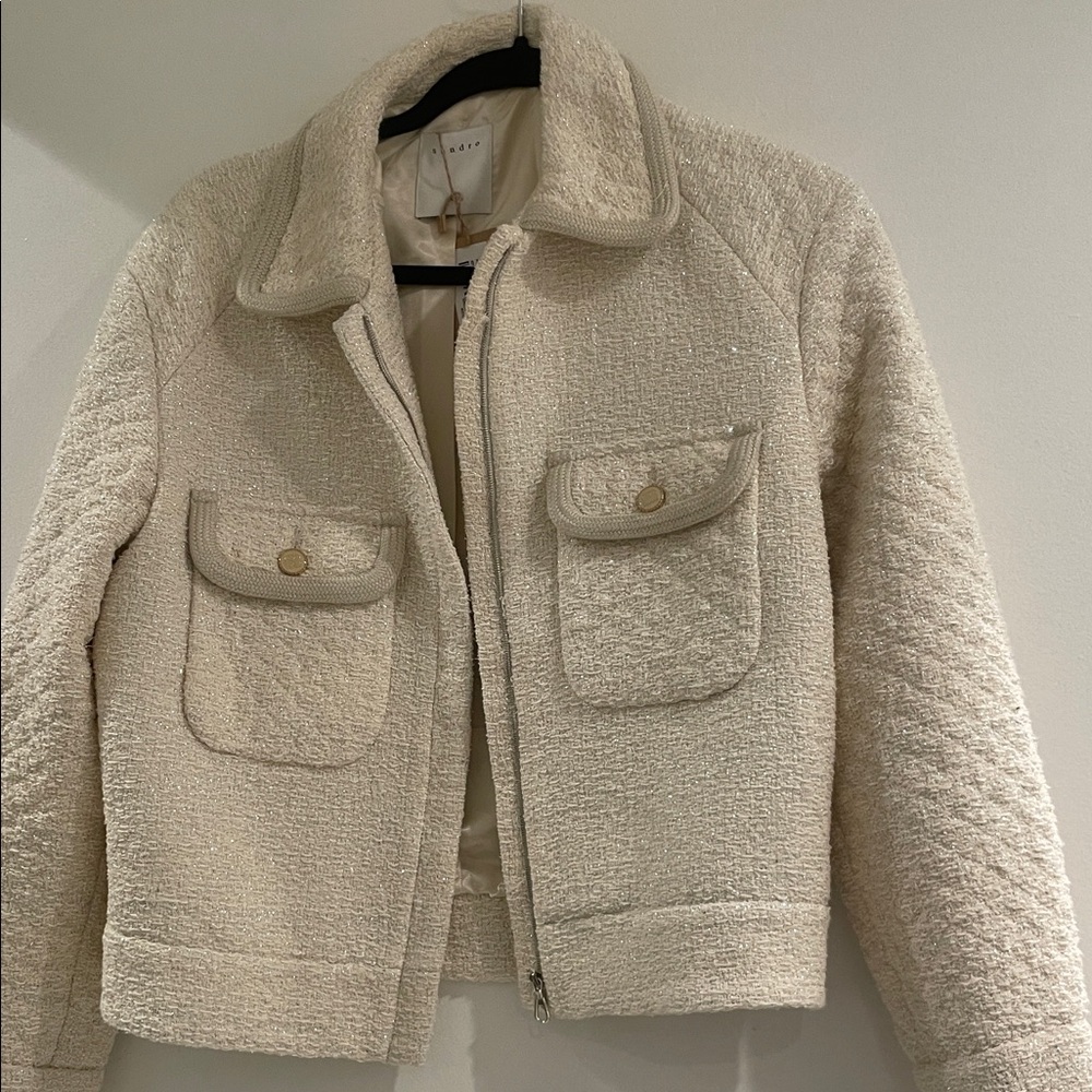Sandro Cream Textured Tweed Jacket